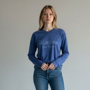 Vintage Yves Saint Laurent YSL Sweatshirt | Blue Fleece Pullover | Size XL Fit M